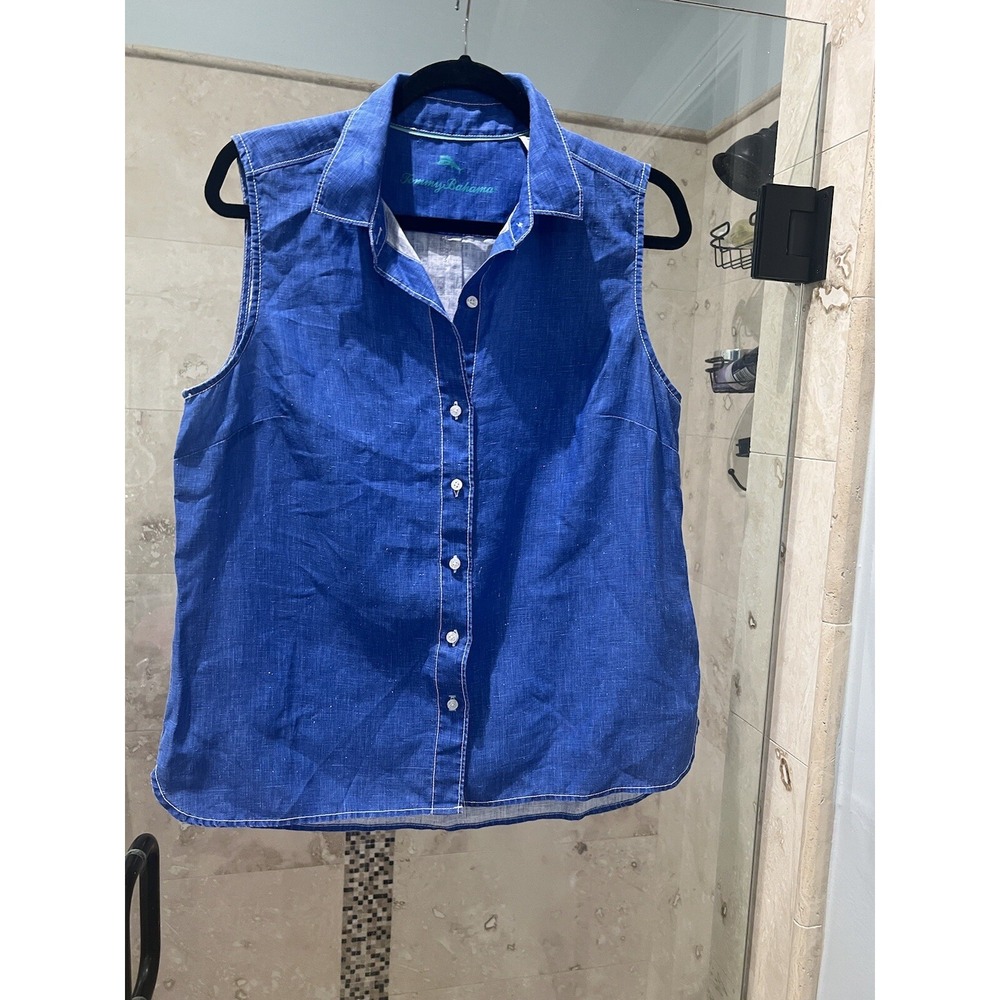 Tommy Bahama Coastalina Sleeveless Button Up Shirt Blue Linen SW320738 Mens M